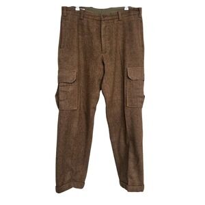 Orvis Mens Brown Herringbone Wool Cargo Pants Leather Trim Tweed Trousers 35x31